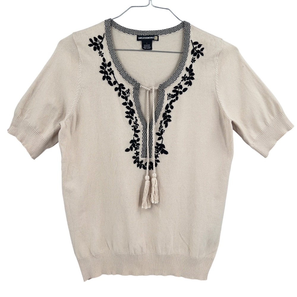 Sweaterworks Women Sweater Beige Black Cotton Embroidered Tassel Short Sleeved L